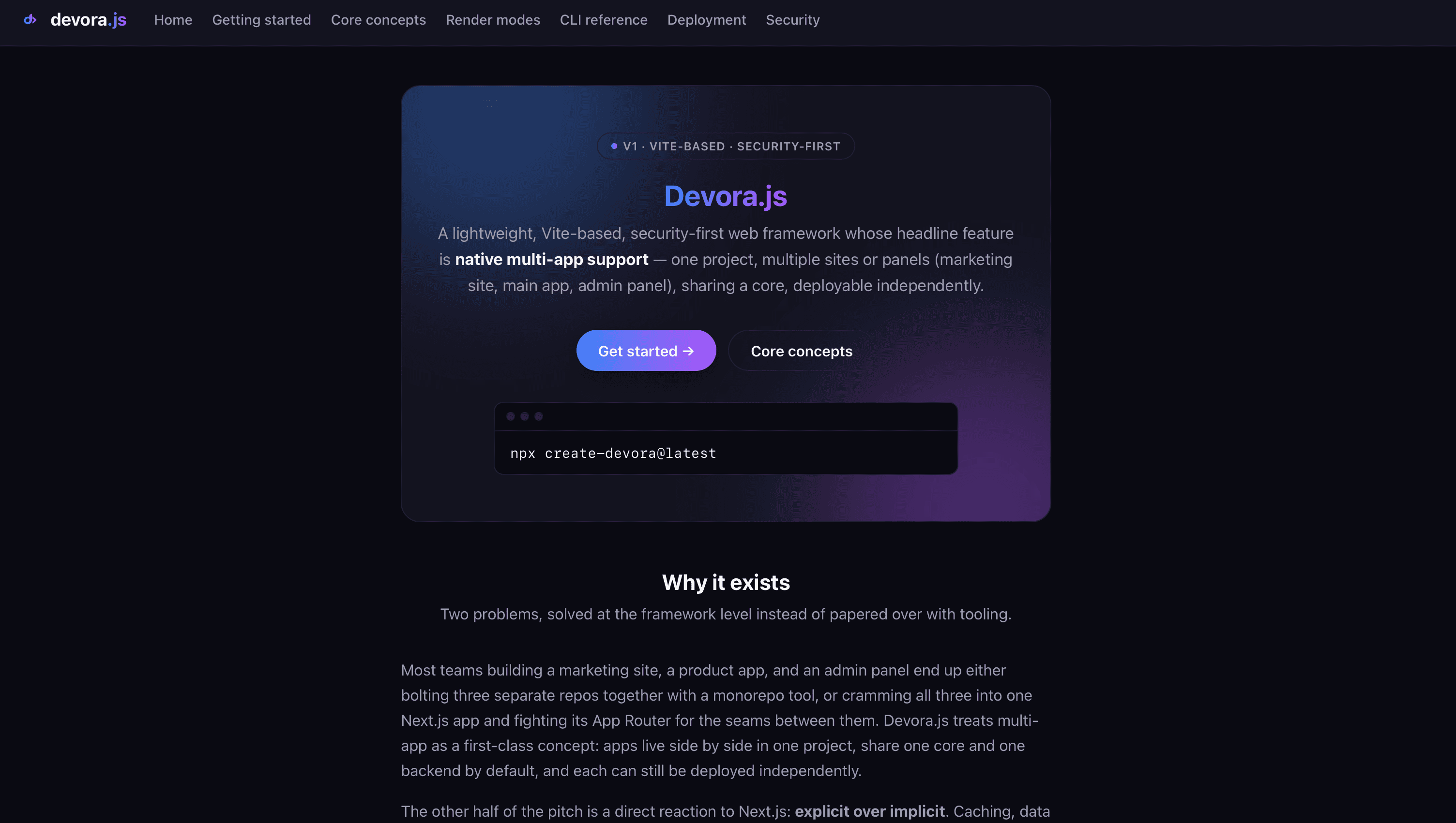 Devora.js landing page describing its Vite-based, security-first multi-app framework