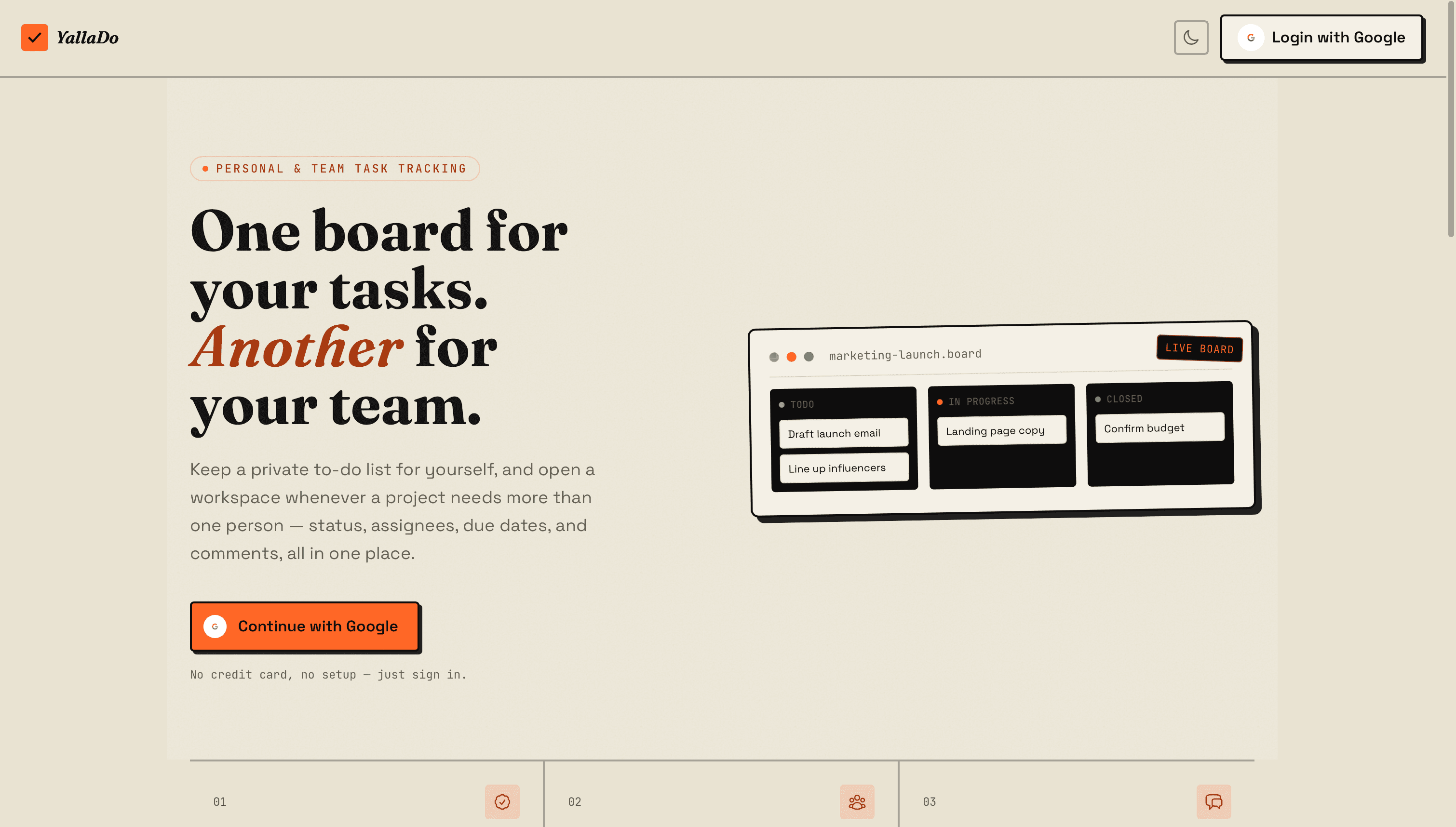 YallaDo landing page with a live task board preview